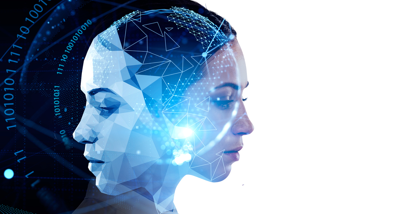 Attractive businesswoman with robot face on white background Attractive businesswoman with robot face on white background. Digital interface with binary code and head with virtual globe in the foreground. Concept of artificial intelligence. Copy space ai stock pictures, royalty-free photos & images