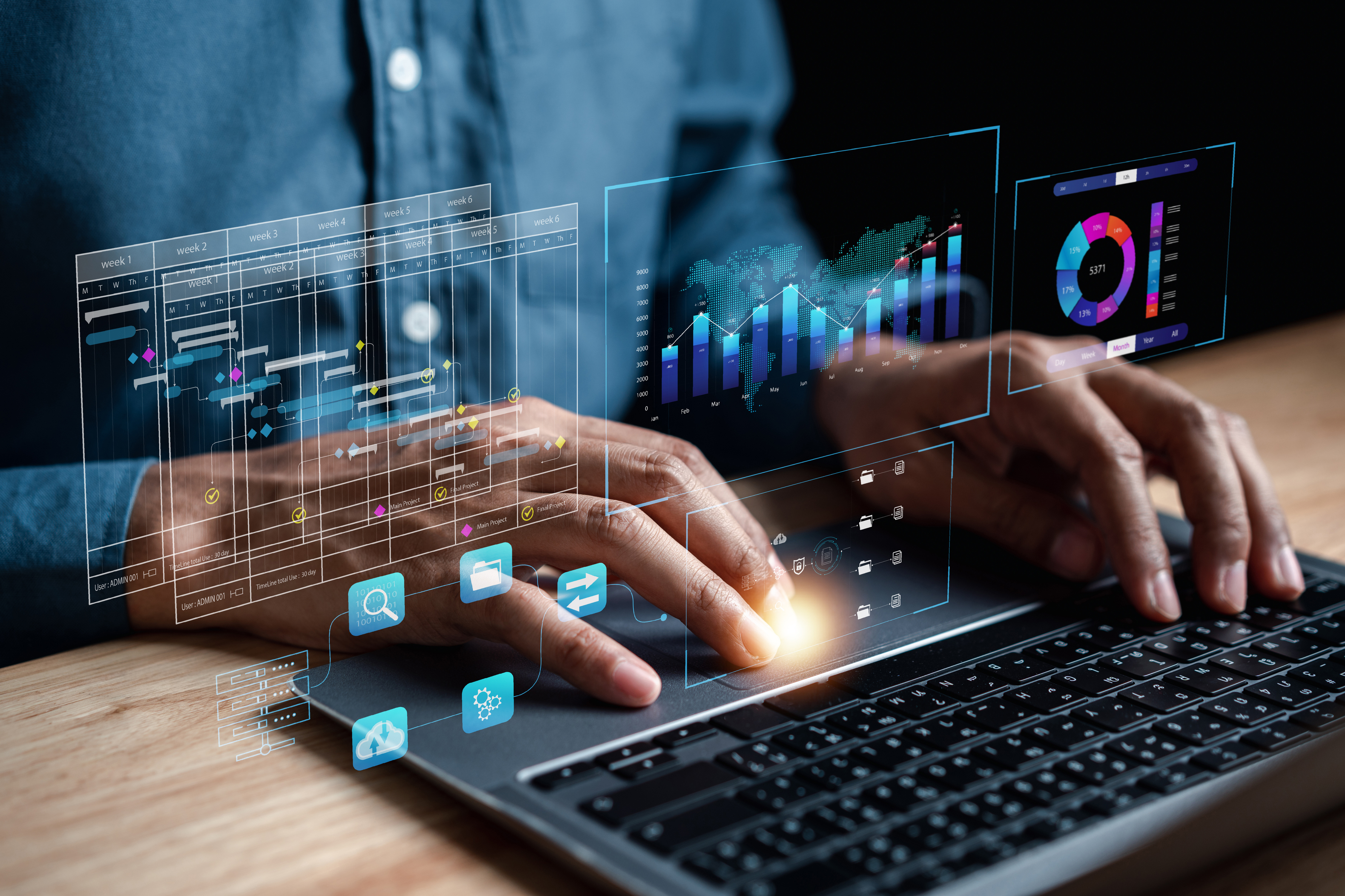 Analista trabajando con computadora en Business Analytics y Data Management System para realizar reportes con KPI y métricas conectadas a base de datos. Estrategia corporativa para finanzas, operaciones, ventas, marketing. - Foto de stock de Tiempo libre de derechos